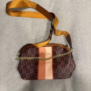 London Fog Brown, Tan & Peach Shoulder Bag with Gold Chain